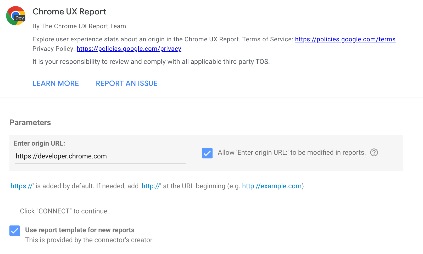 원본 URL을 입력하는 필드와 보고서에서 해당 필드를 수정할 수 있는 체크박스가 있는 CrUX Dashboard 커넥터 구성 화면의 스크린샷