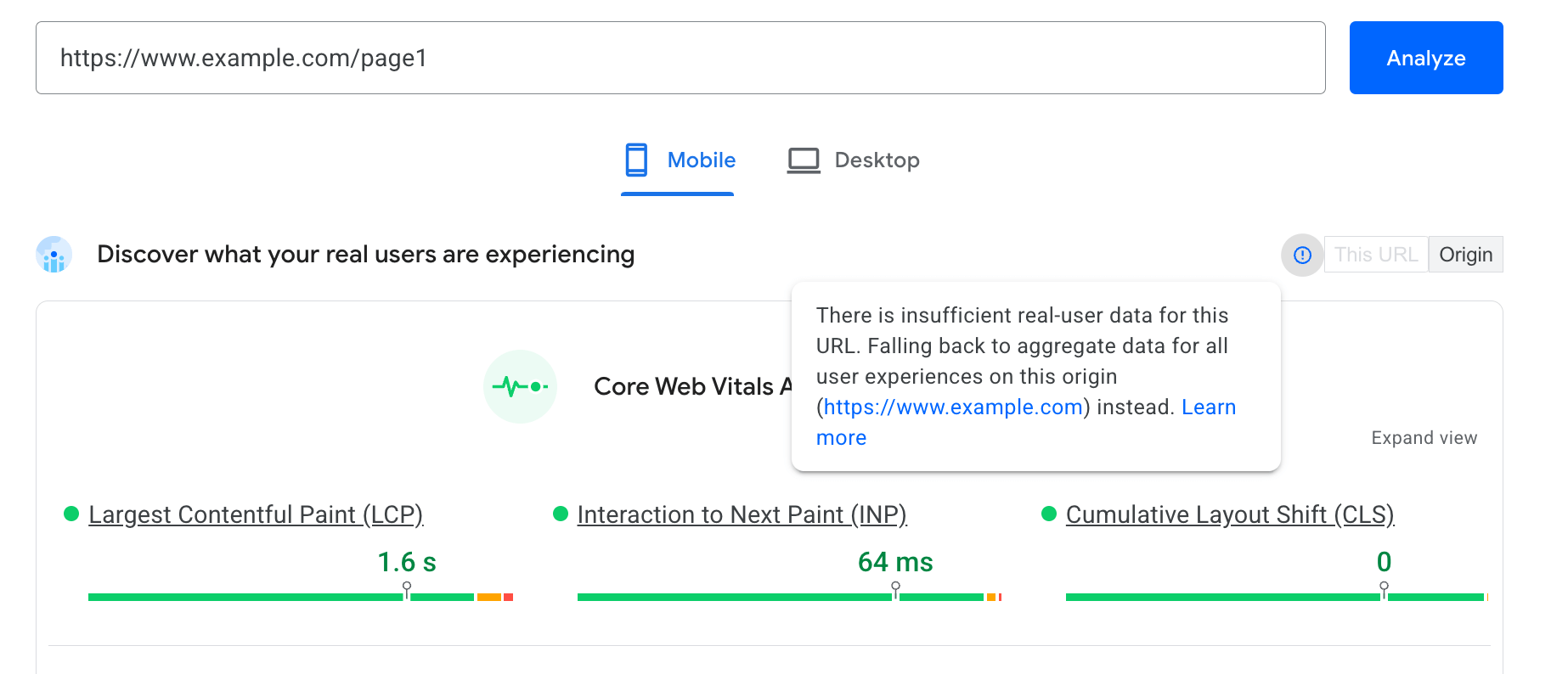 ما مِن بيانات CrUX على مستوى عنوان URL في &quot;إحصاءات PageSpeed&quot;، لذا يتم عرض بيانات المصدر.