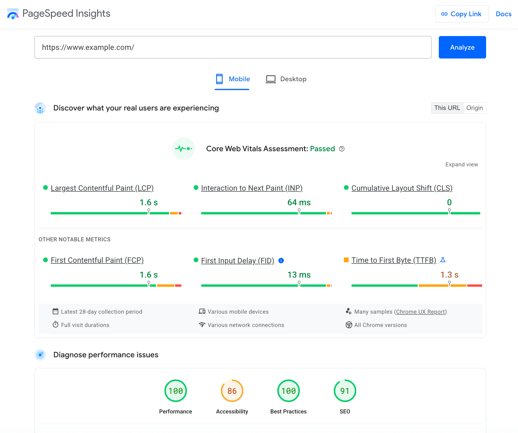 Données d'utilisation réelles de CrUX dans PageSpeed Insights