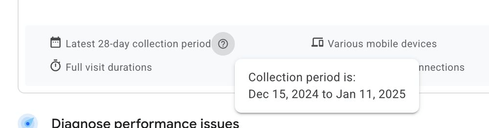 PageSpeed Insights muestra las fechas del período de recopilación en una información sobre herramientas.