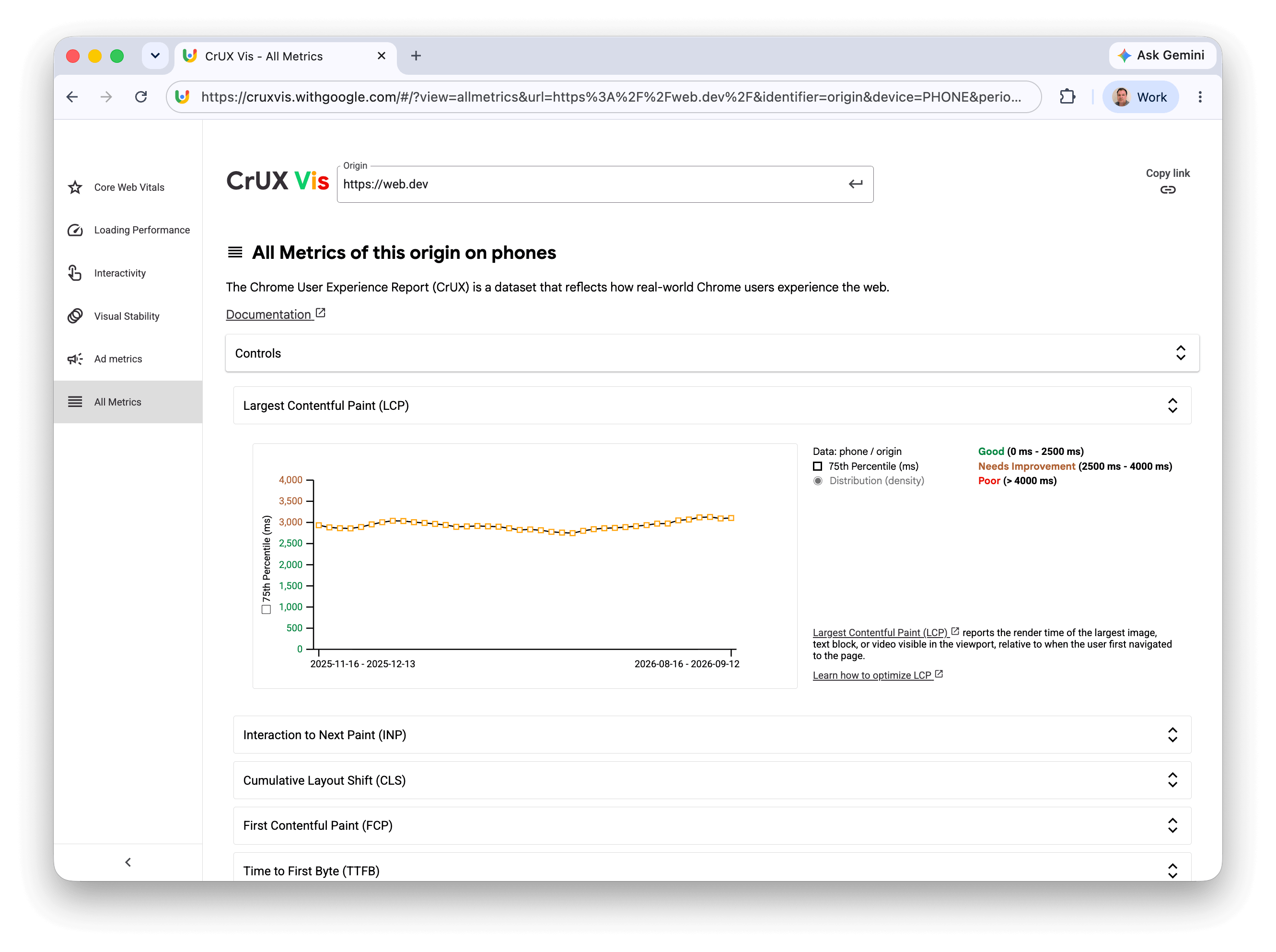 Trang Tất cả chỉ số của CrUX Vis cho thấy một số mục, trong đó mục LCP đang mở.