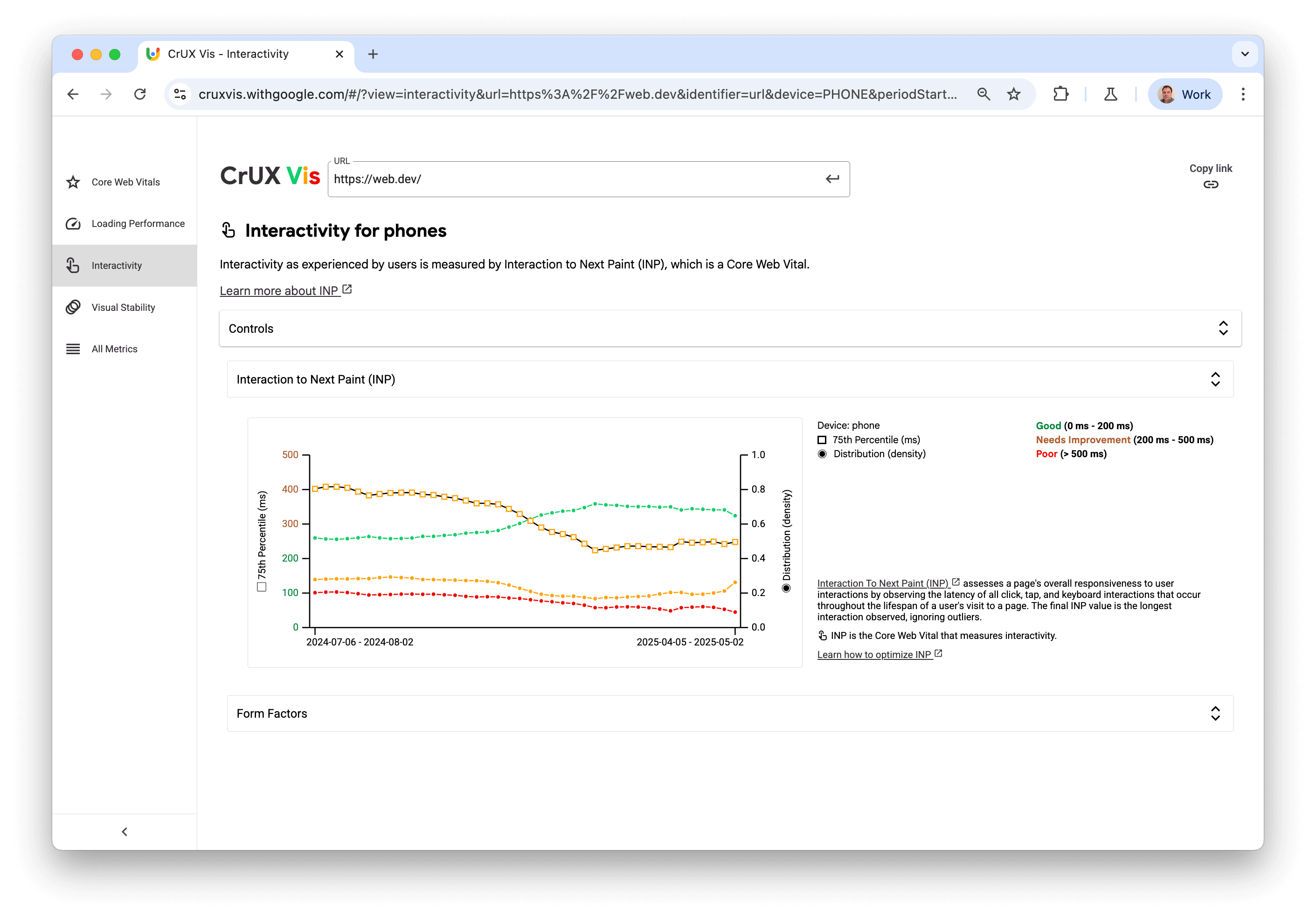 Интерактивная страница CrUX Vis, отображающая несколько разделов, при этом раздел LCP открыт.