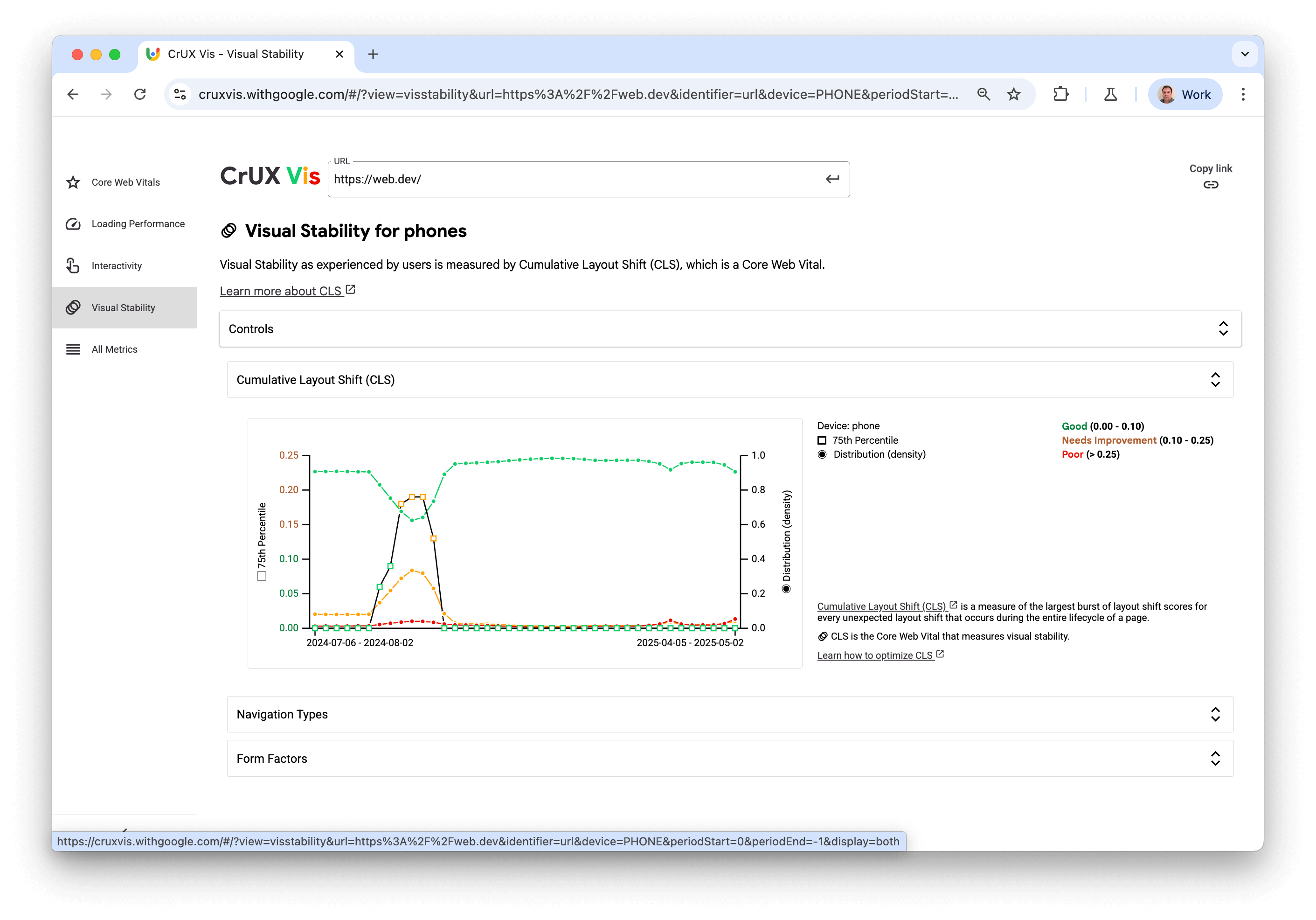 Visual Stability page of CrUX Vis showing a number of sections with the LCP section open.