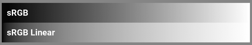 쉽게 비교할 수 있도록 두 개의 가로 그라데이션이 두 행에 표시됨 sRGB 경사는 수년 동안 확인한 것처럼 매끄럽습니다. 하지만 sRGB 선형 그라데이션은 처음 5% 에서는 매우 어둡고 마지막 10%에서는 매우 밝기 때문에 중간은 오랫동안 매우 연한 회색으로 표시됩니다.