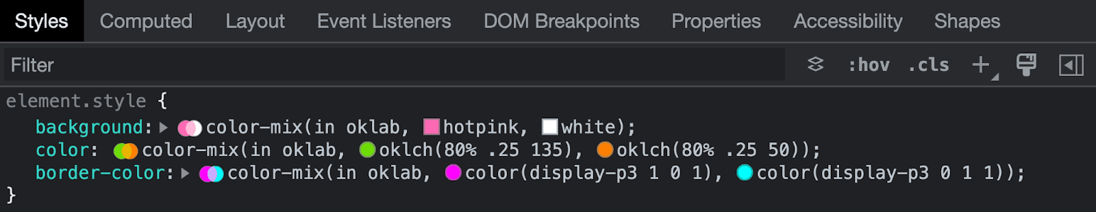 Uno screenshot di Chrome DevTools che esamina la sintassi del mix di colori.