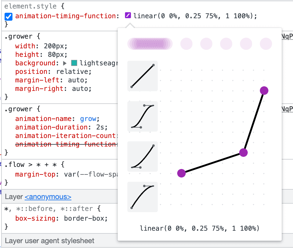 Screenshot of Chrome DevTools’s `linear()` editor.