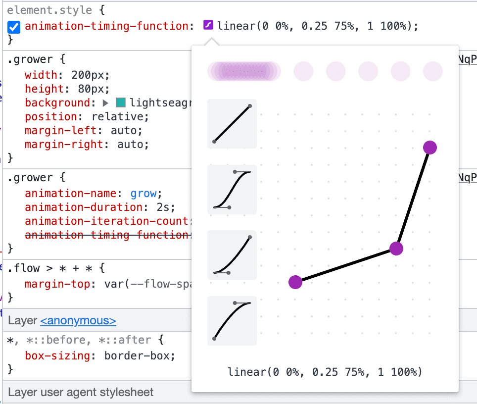 Screenshot dell&#39;editor &quot;linear()&quot; di Chrome DevTools.