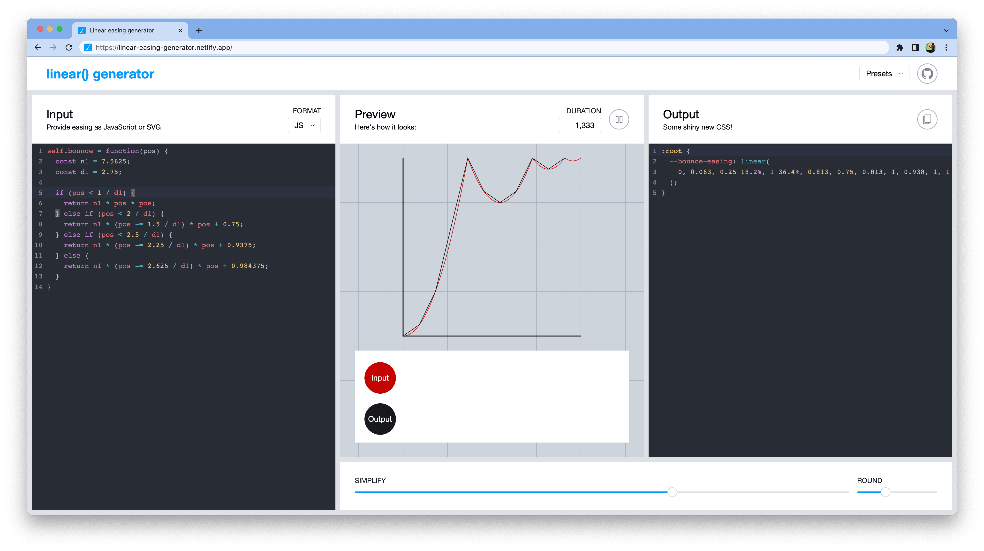 Screenshot of the linear easing generator tool.