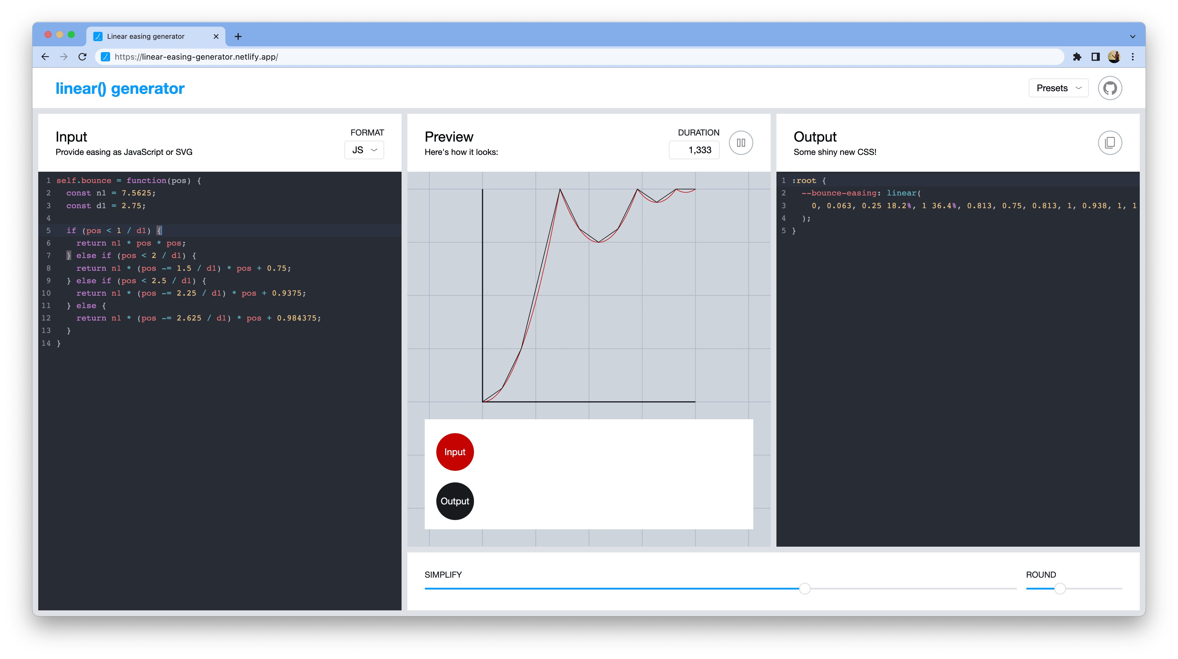 Screenshot alat generator easing linear.