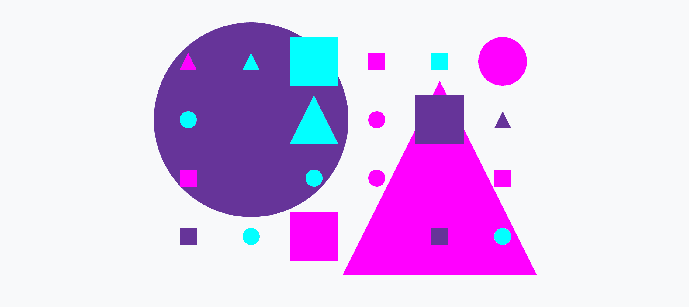 大小の円、三角形、正方形のカラフルなグリッド。