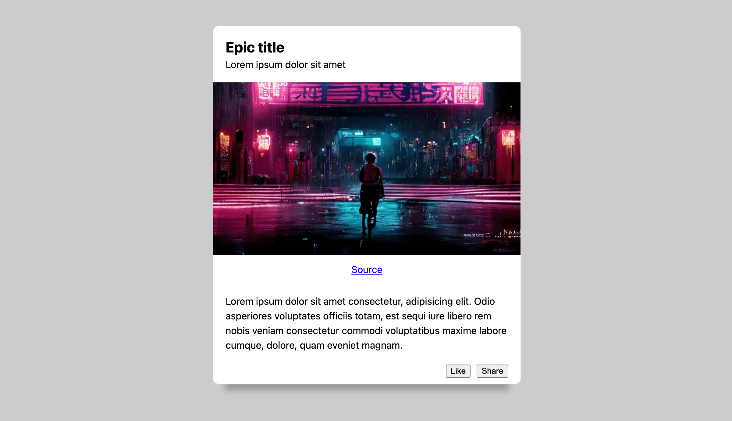Kartu terang dengan latar belakang abu-abu. Kartu ini memiliki judul dan teks,
  beberapa tombol tindakan, dan gambar bergaya cyberpunk.