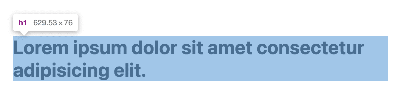 O título está destacado com DevTools, ocupando toda a largura do espaço inline e tem duas palavras pendentes na segunda linha.