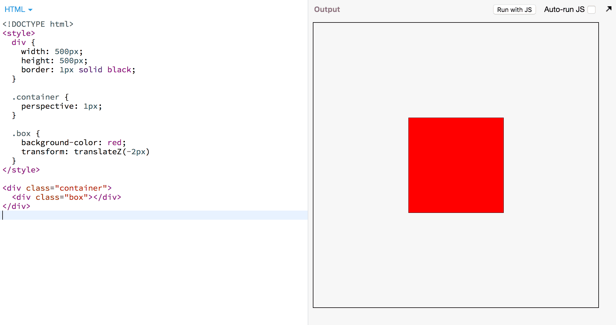 Ein CSS-Code, mit dem ein Div-Element mithilfe des CSS-Attributs „perspective“ verzerrt wird.