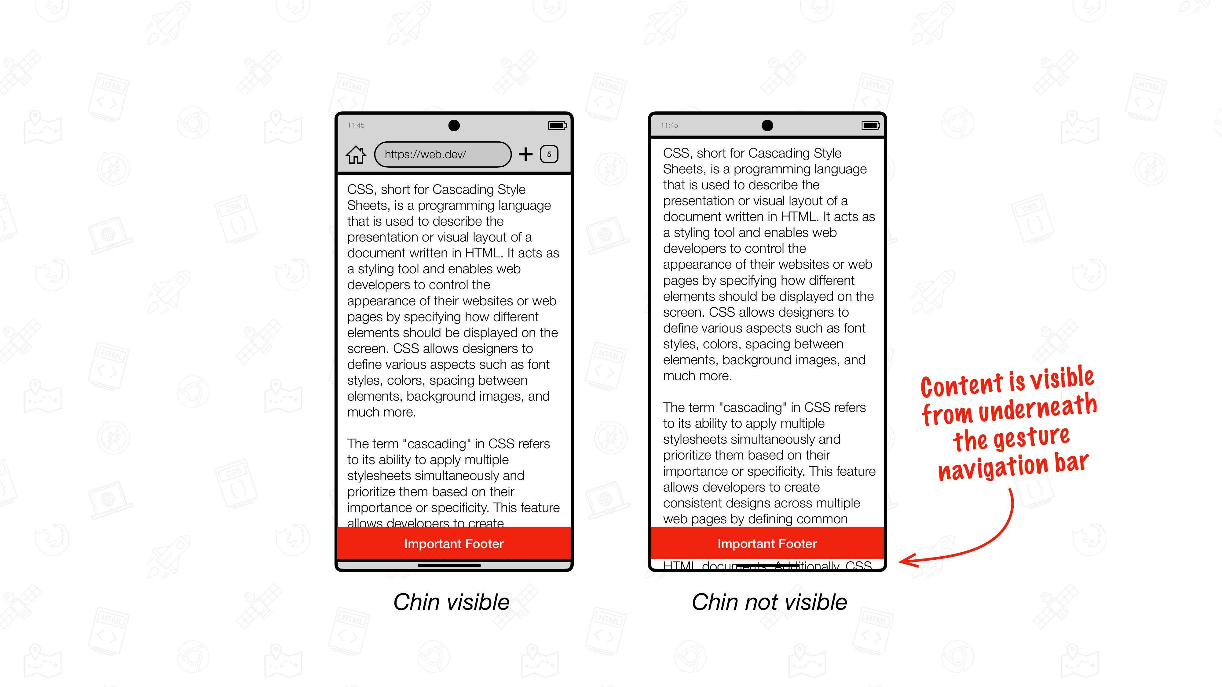 Android डिवाइस की इमेज, जिसमें Chrome को किनारे से किनारे तक मोड में दिखाया गया है. बाईं ओर दिए गए विज़ुअलाइज़ेशन में, चिन दिख रही है और सबसे नीचे मौजूद कॉन्टेंट उसके ठीक ऊपर है. दाईं ओर दिए गए विज़ुअलाइज़ेशन में ठोड़ी नहीं दिख रही है और सबसे नीचे ऐंकर किया गया कॉन्टेंट, बाईं ओर दिए गए कॉन्टेंट के जैसे ही दिख रहा है. इससे, जेस्चर नेविगेशन बार के नीचे सामान्य कॉन्टेंट दिखता है.