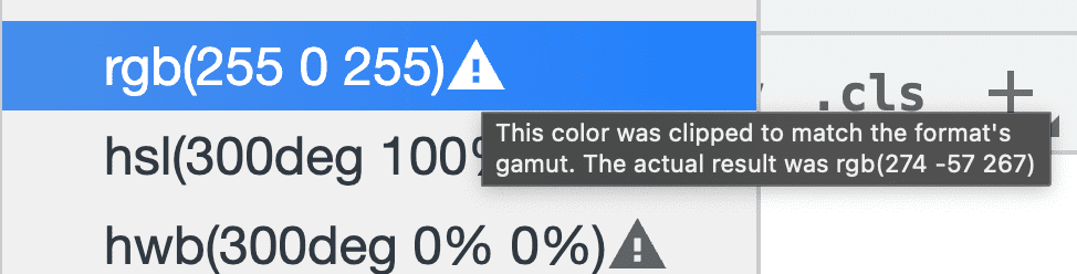 צילום מסך של חיתוך של מגוון צבעים ב-DevTools, עם סמל אזהרה לצד הצבע.