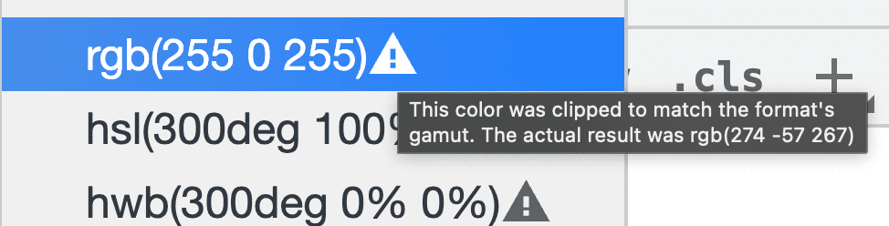 Screenshot del ritaglio della gamma di DevTools, con un&#39;icona di avviso accanto al colore.