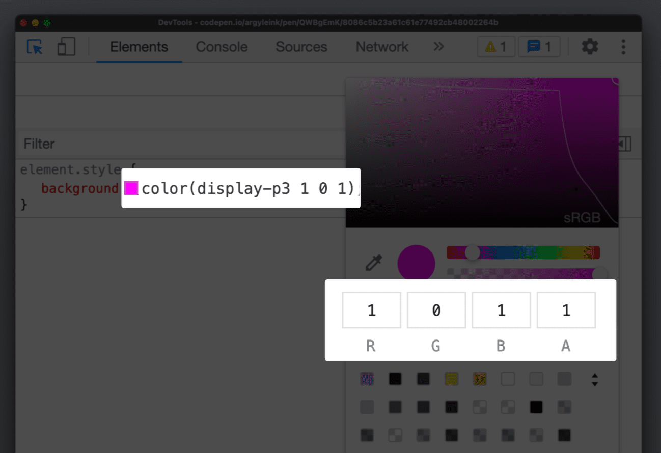 Herramientas para desarrolladores que muestran la compatibilidad con colores de display-p3