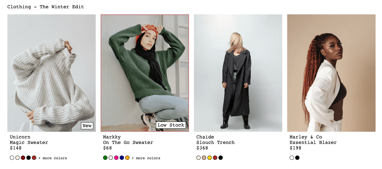 รูปภาพตัวอย่างที่มีการ์ดผลิตภัณฑ์หลายใบ บางใบติดแท็ก "ใหม่" หรือ "สินค้าคงคลังเหลือน้อย" และการ์ด "สินค้าคงคลังเหลือน้อย" ที่มีพื้นหลังสีแดง