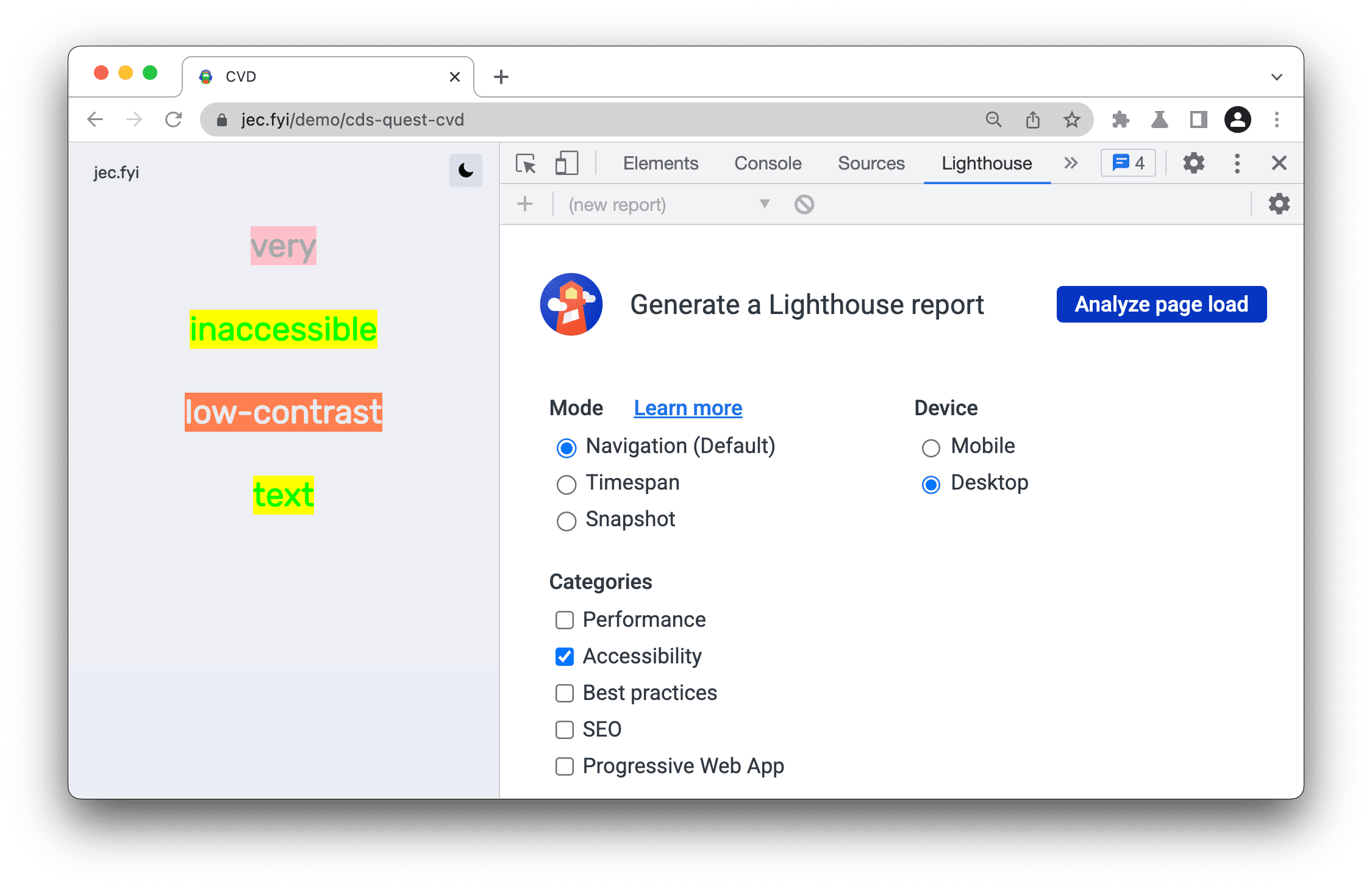 Lighthouse report with Navigation, Accessibility, and Desktop settings.