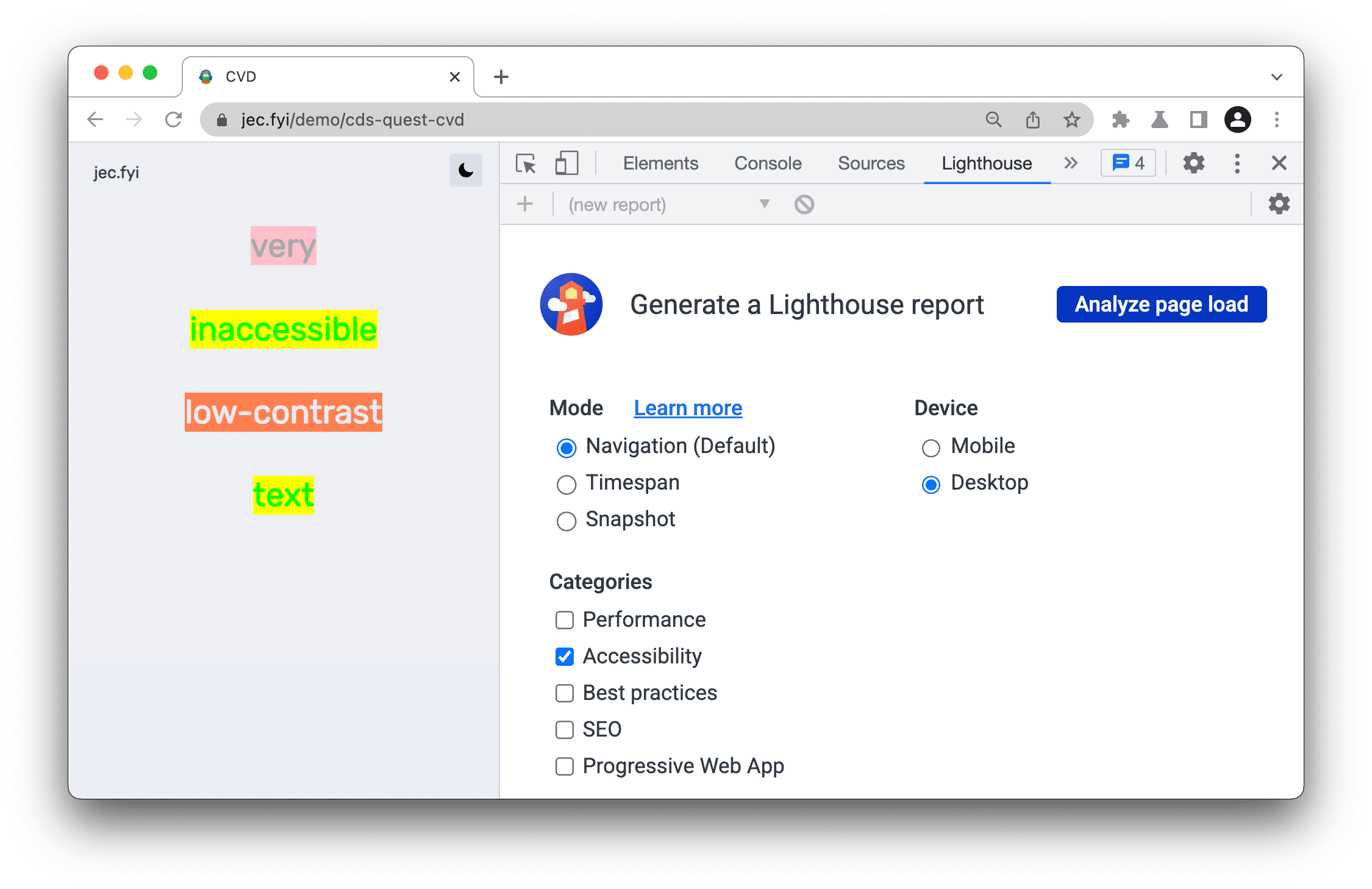 Gezinme, erişilebilirlik ve masaüstü ayarlarını içeren Lighthouse raporu.