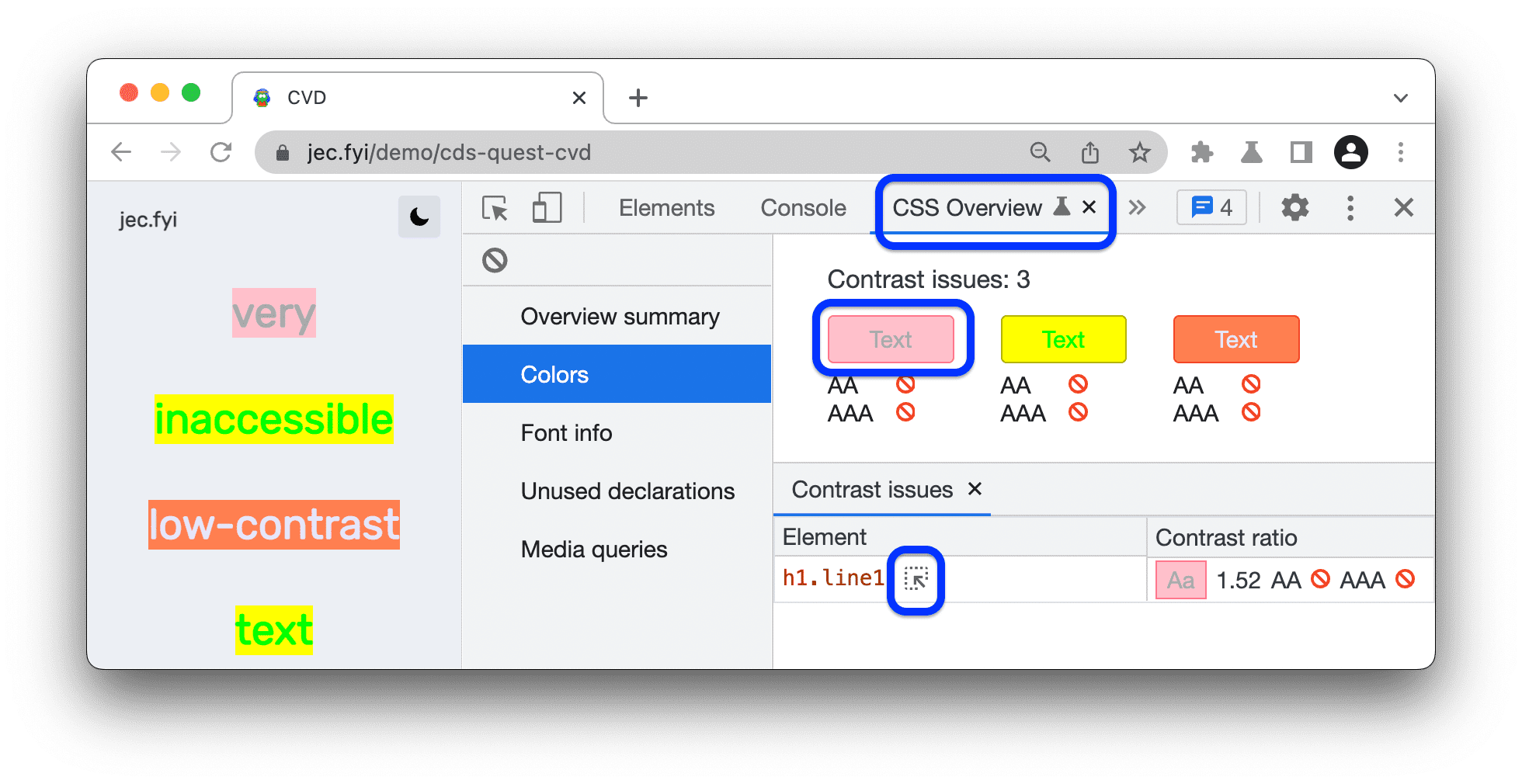 Daftar masalah kontras di Ringkasan CSS.