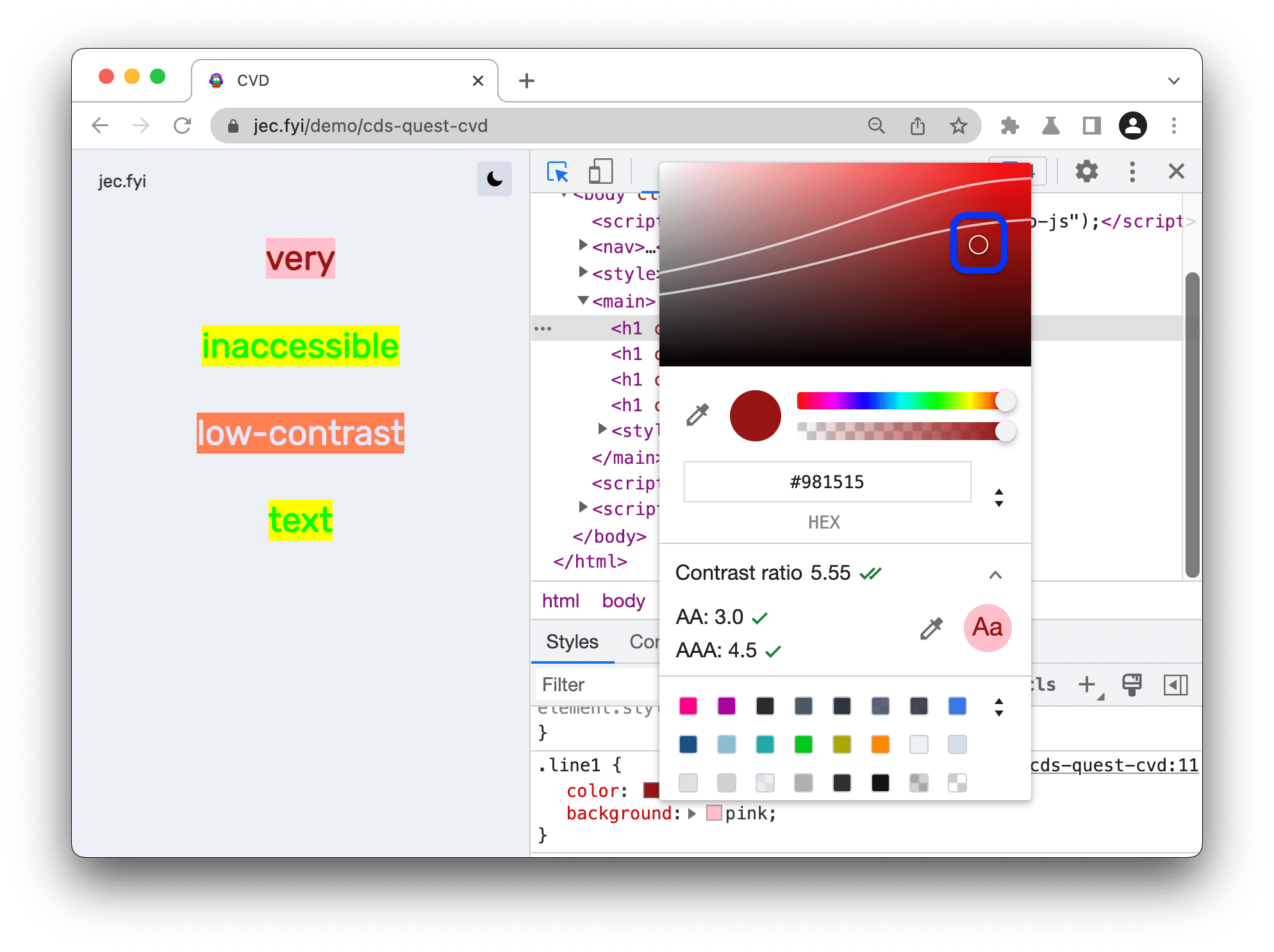 Elige un tono de color por debajo de la línea inferior para permanecer en el nivel AAA.