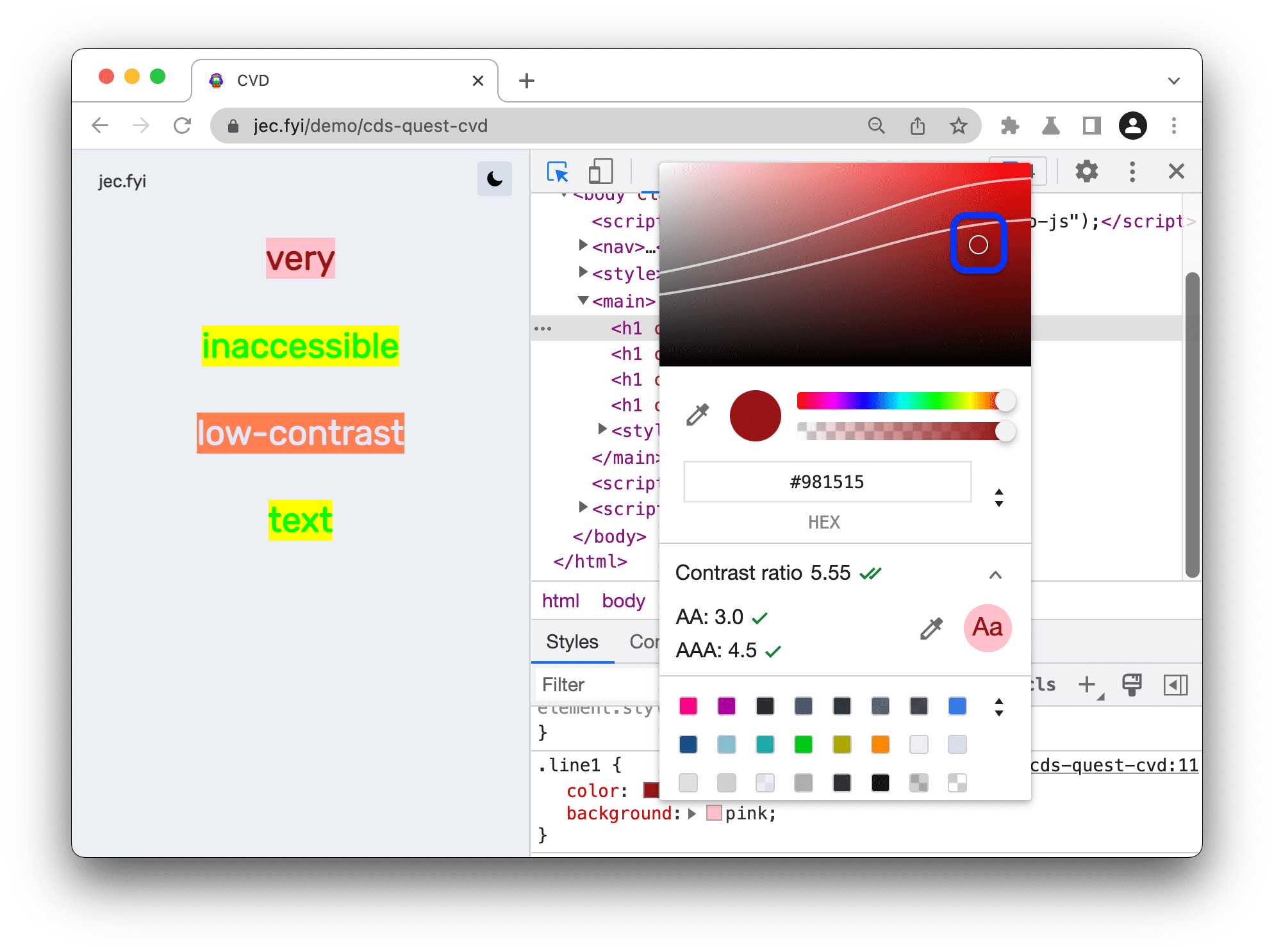 Scegliere una tonalità di colore sotto la linea di fondo per mantenere il livello AAA.