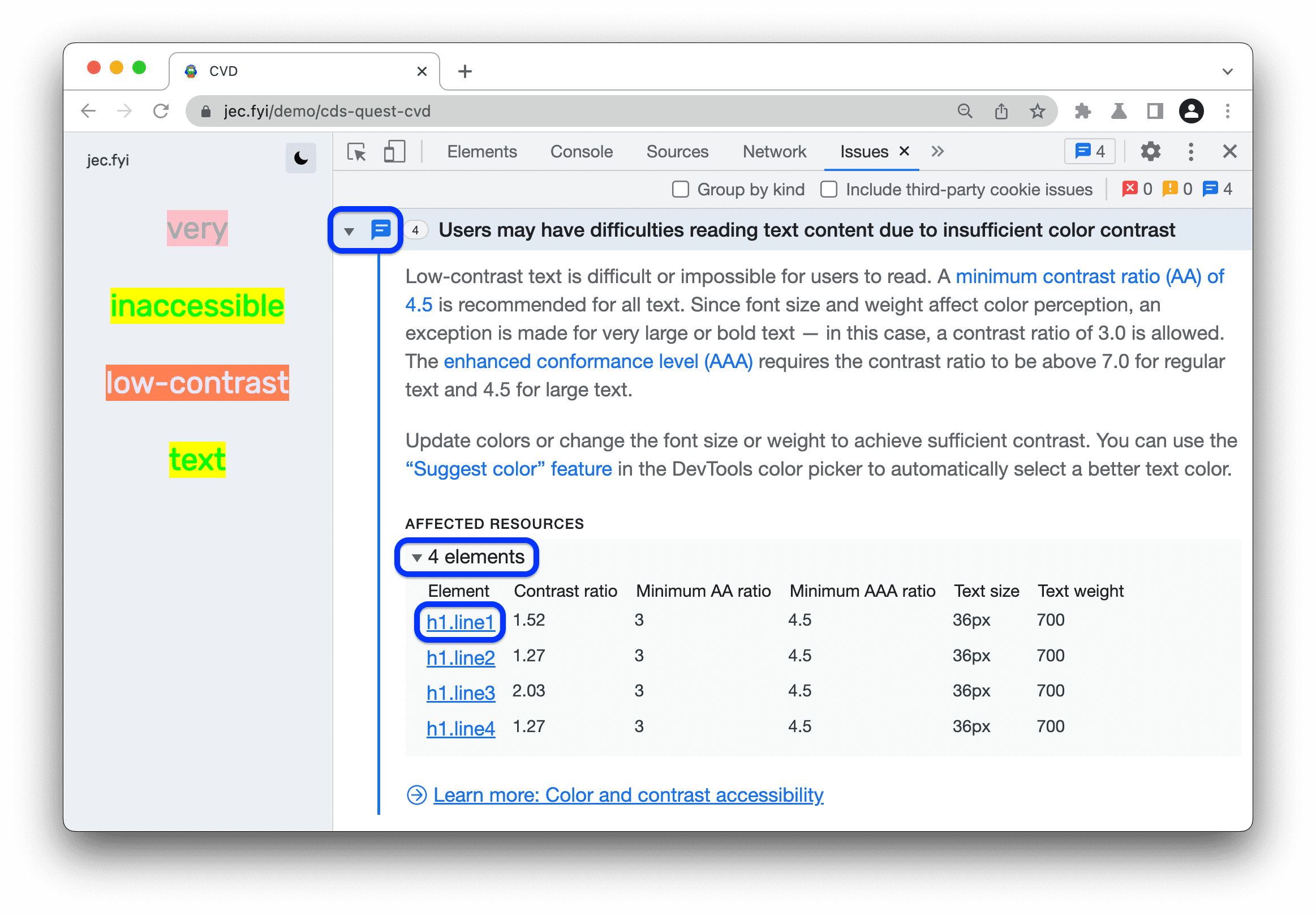 문제 탭에 대비 문제가 있는 요소의 표