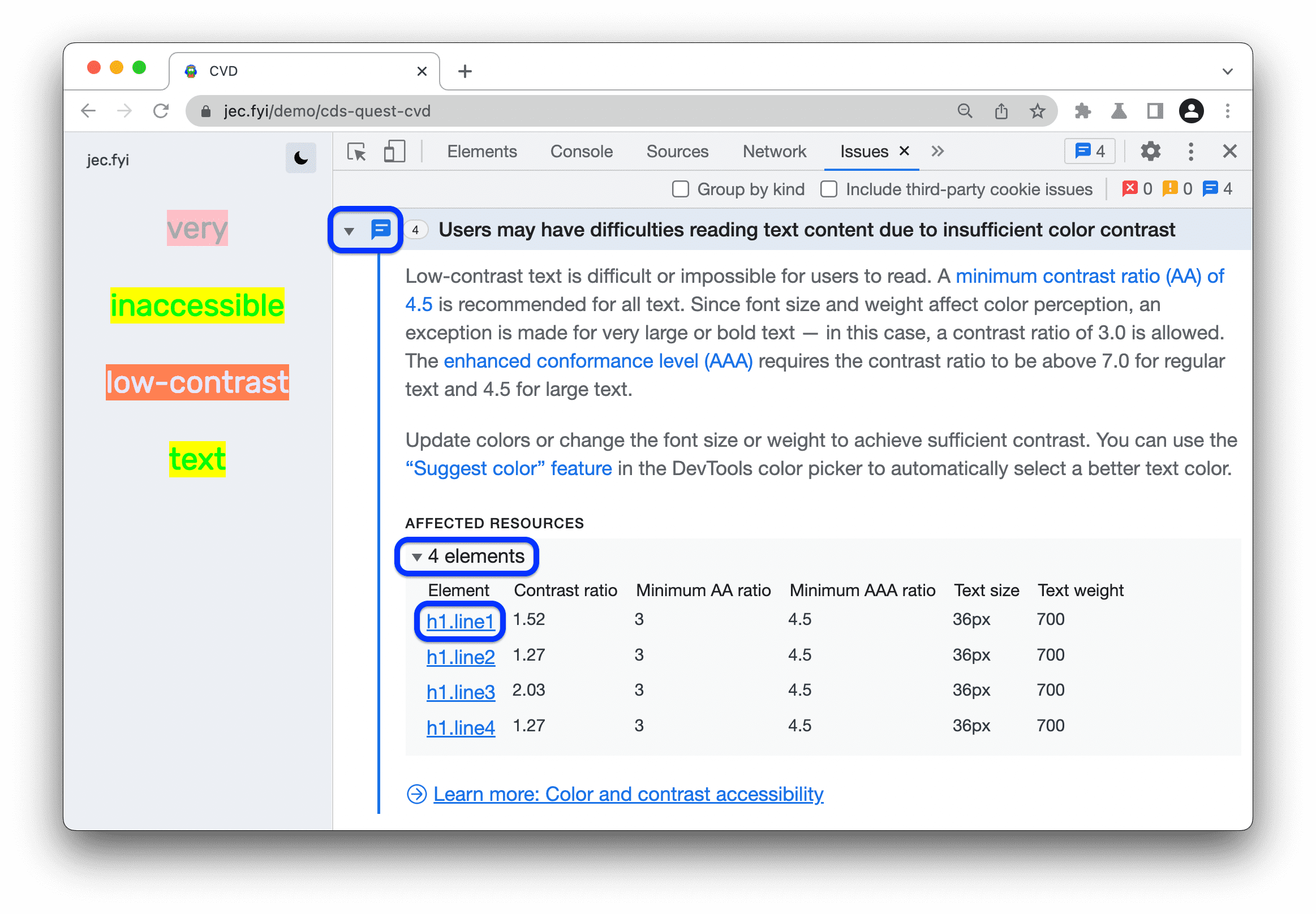 Tabelle der Elemente mit Kontrastproblemen auf dem Tab „Probleme“.