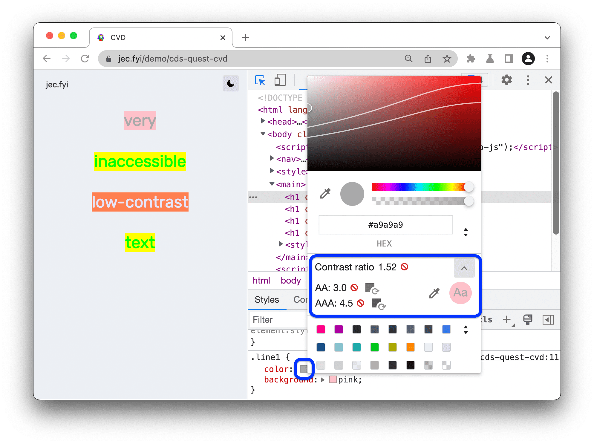 بخش نسبت کنتراست Color Picker.