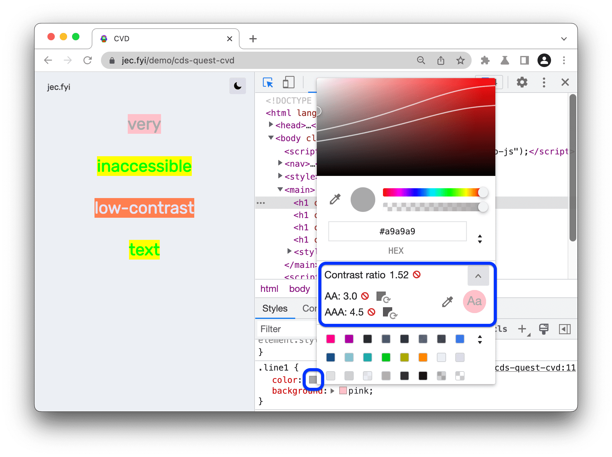 Раздел «Коэффициент контрастности» в палитре цветов.