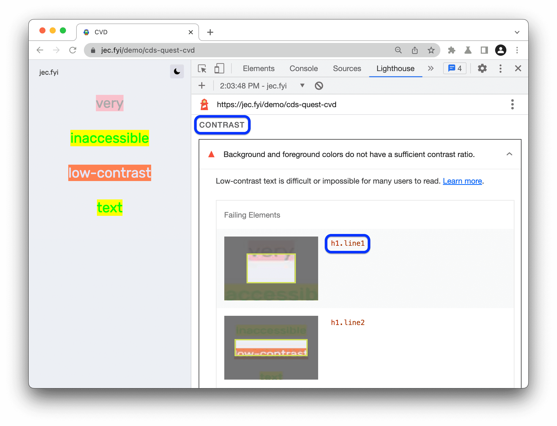 Bagian Kontras pada laporan Lighthouse dengan daftar elemen yang memiliki masalah kontras.