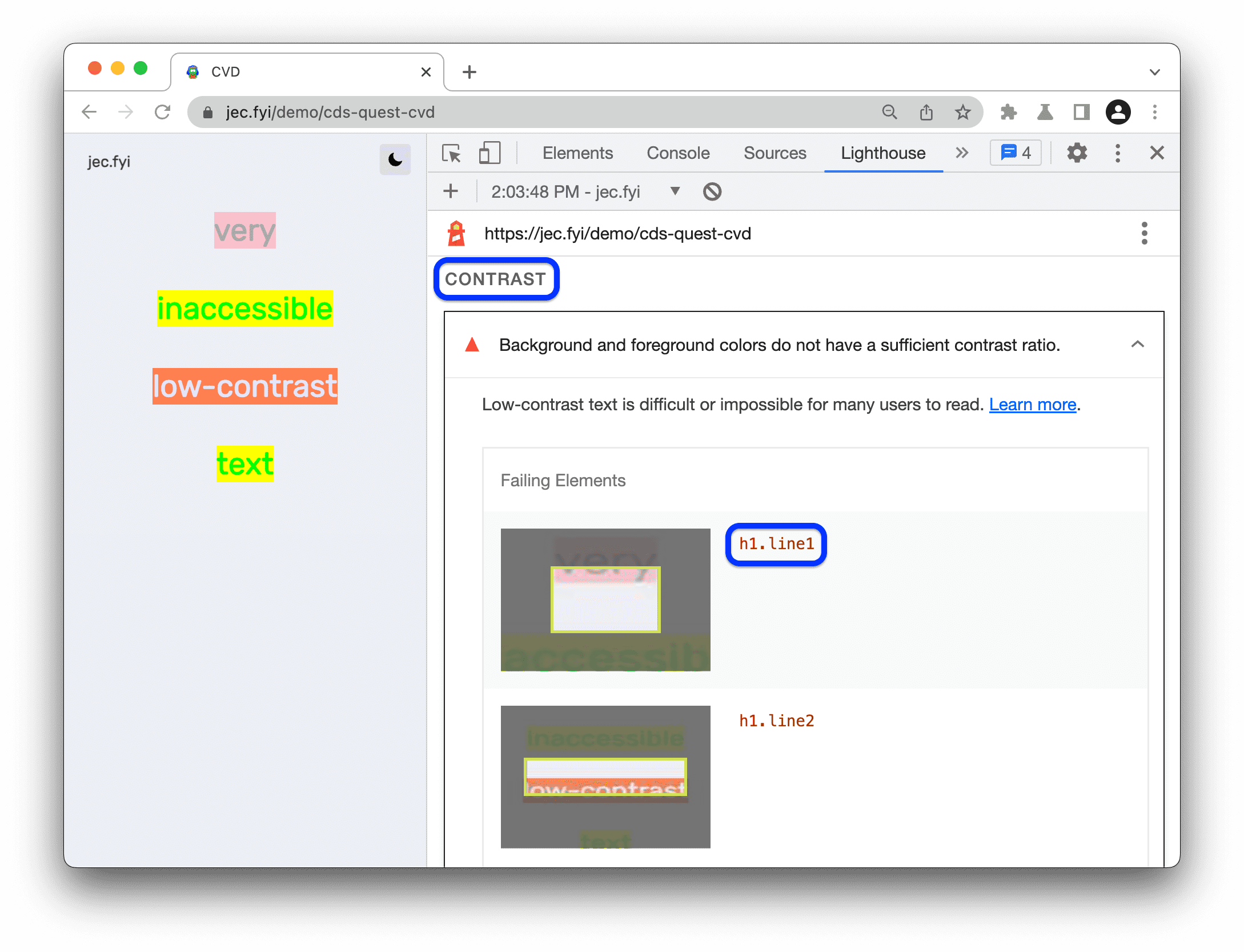 Section "Contraste" du rapport Lighthouse, avec la liste des éléments présentant des problèmes de contraste.