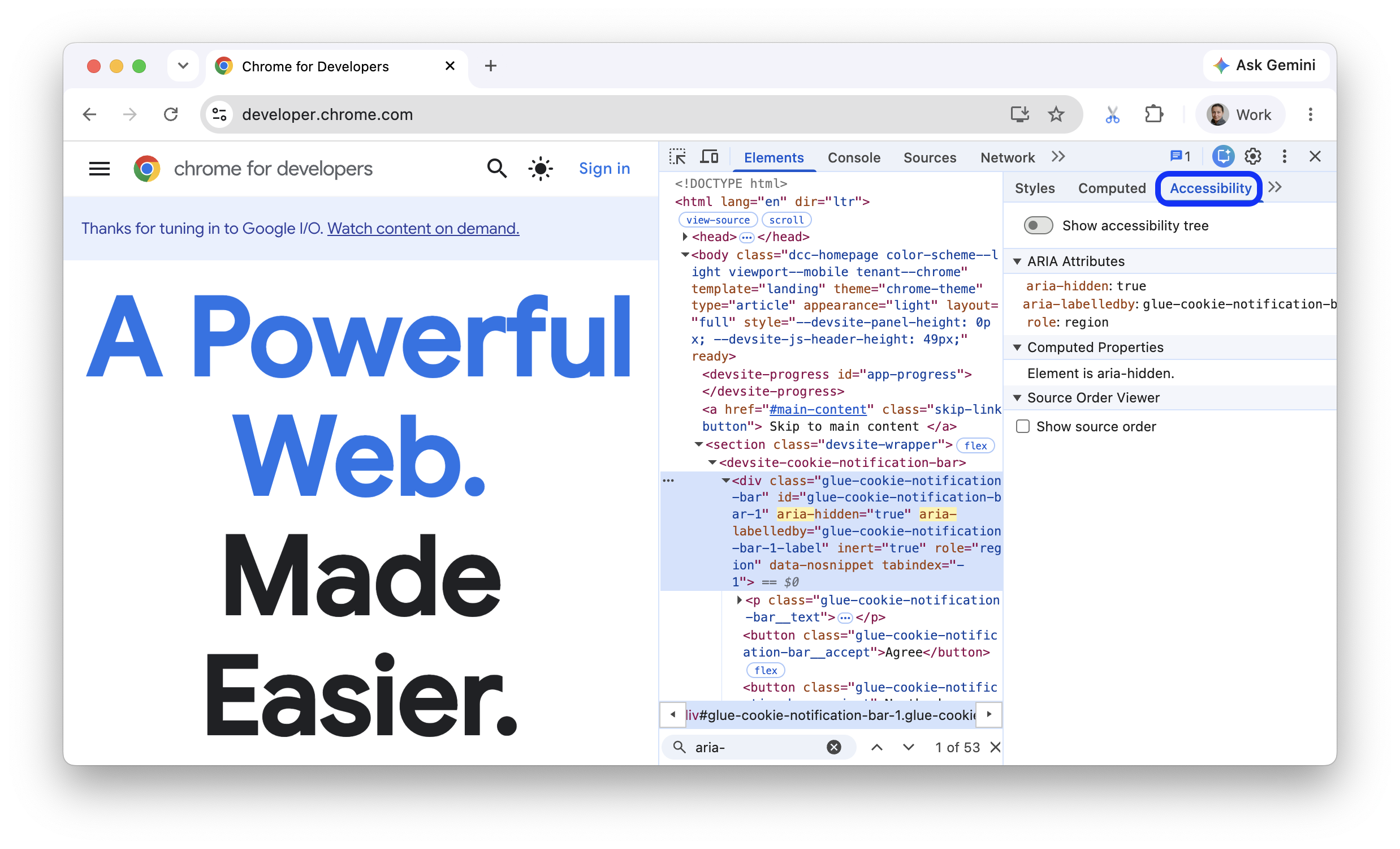 Inspecionando um elemento div na guia "Acessibilidade".