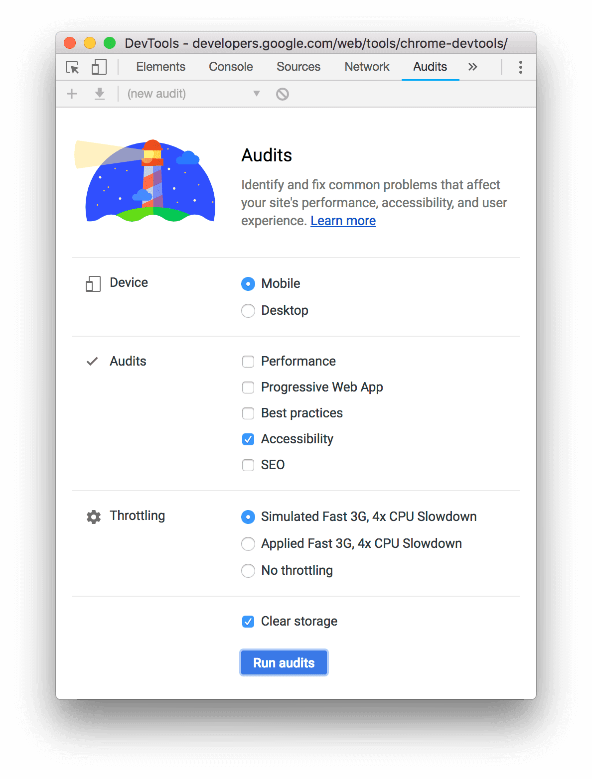 Como configurar uma verificação de acessibilidade no painel do Lighthouse.