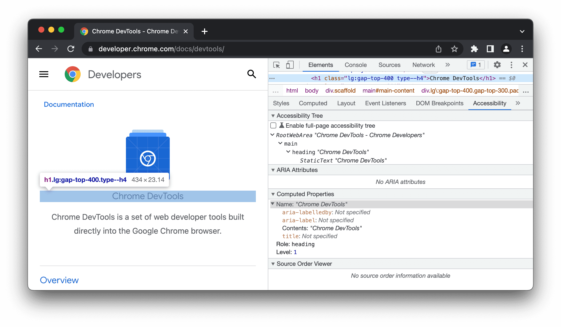 h1-Element der Startseite der Entwicklertools im Bereich „Bedienungshilfen“ prüfen.