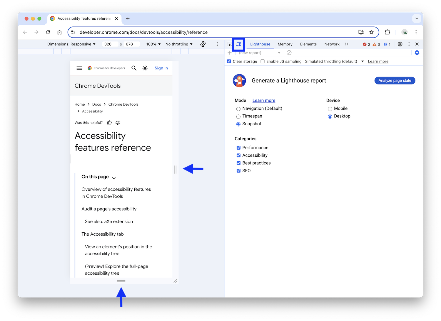 Toolbar perangkat di panel Lighthouse.