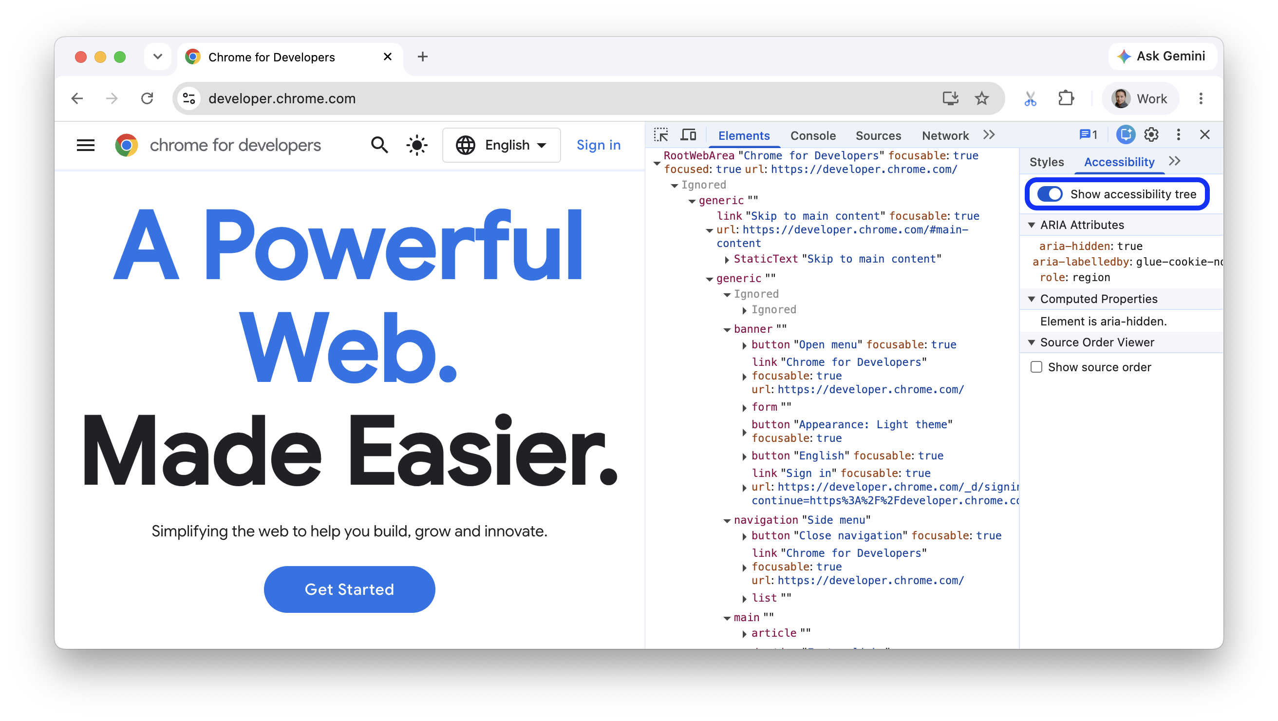 Đã bật nút bật/tắt "Hiện cây hỗ trợ tiếp cận".