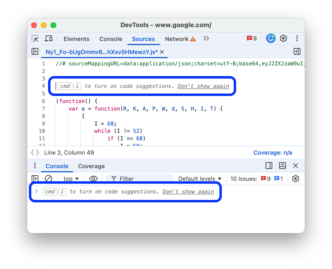 Activer les suggestions de code dans "Sources" et la console à l'aide d'un raccourci.