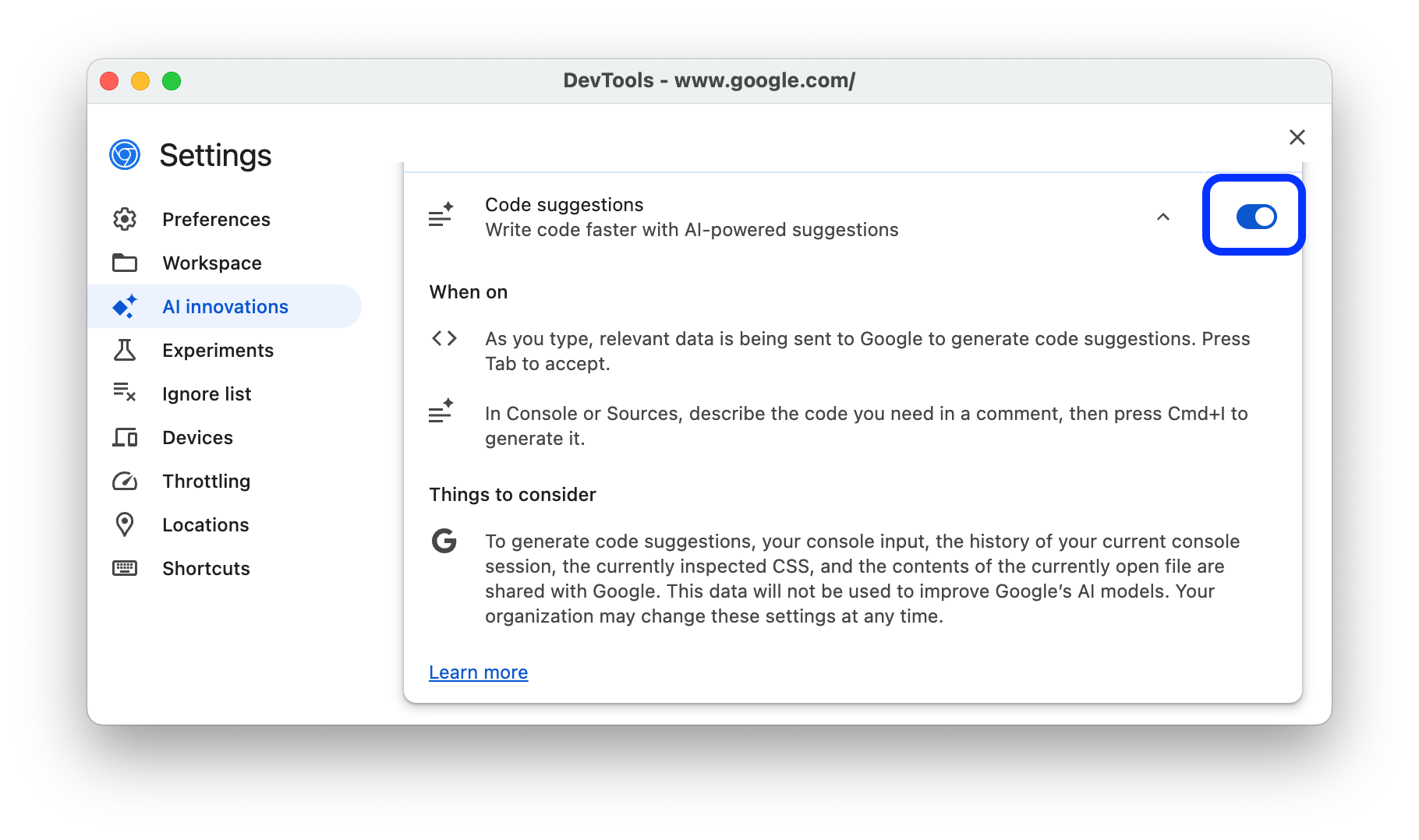 Code suggestion feature toggle in Settings - AI innovations.