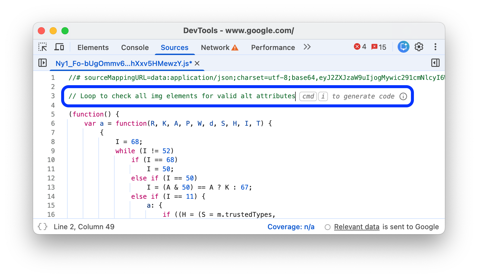 JavaScript 주석의 코드 생성 프롬프트