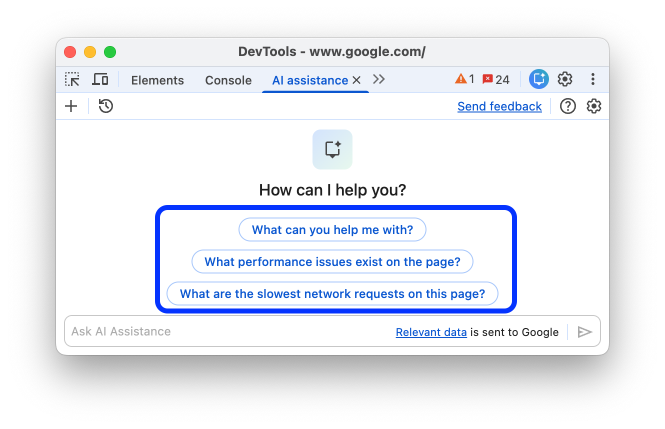 Comandos comuns no painel de assistência de IA.