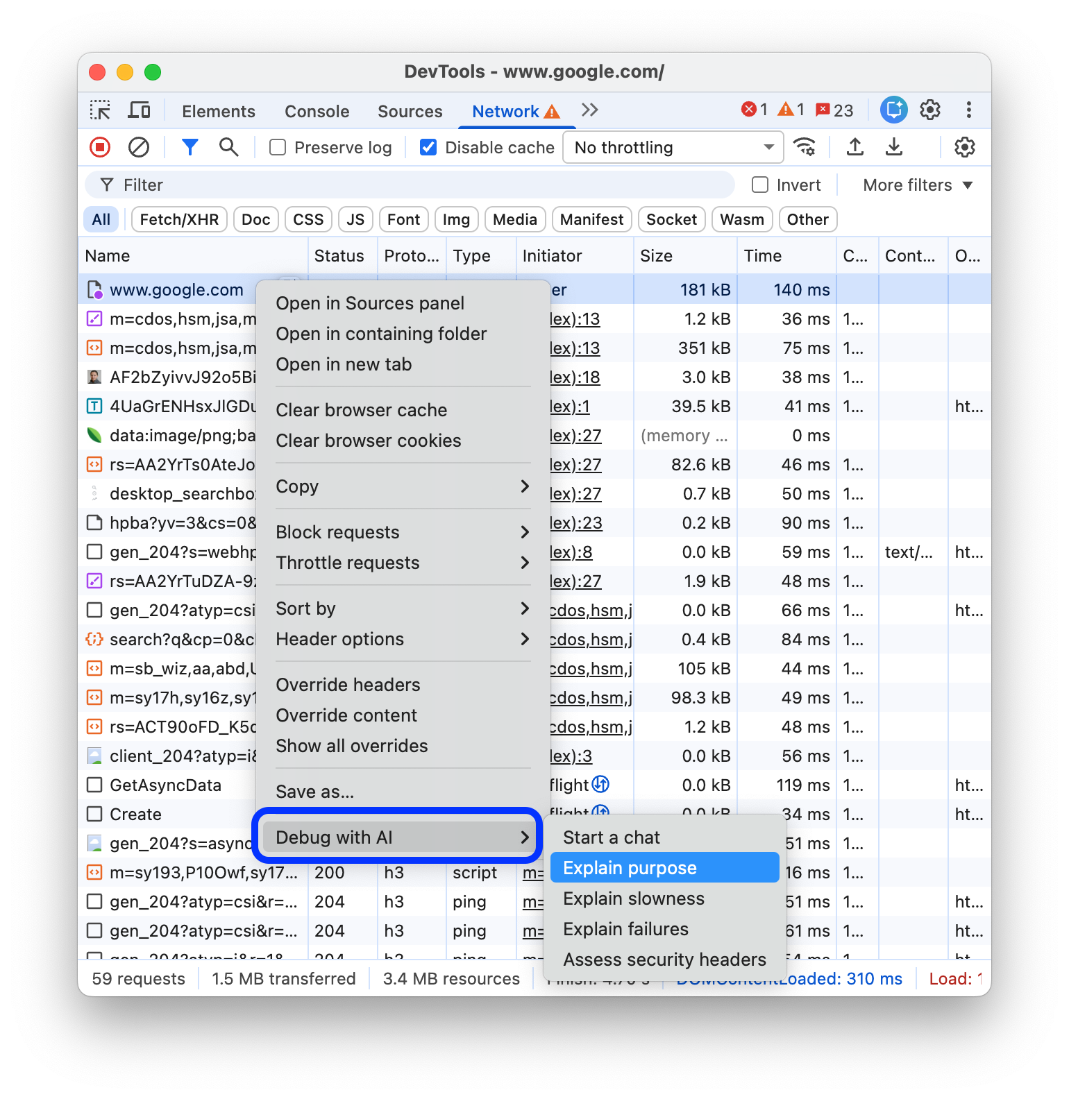 Die Optionen für „Mit KI debuggen“ im Kontextmenü eines Elements.