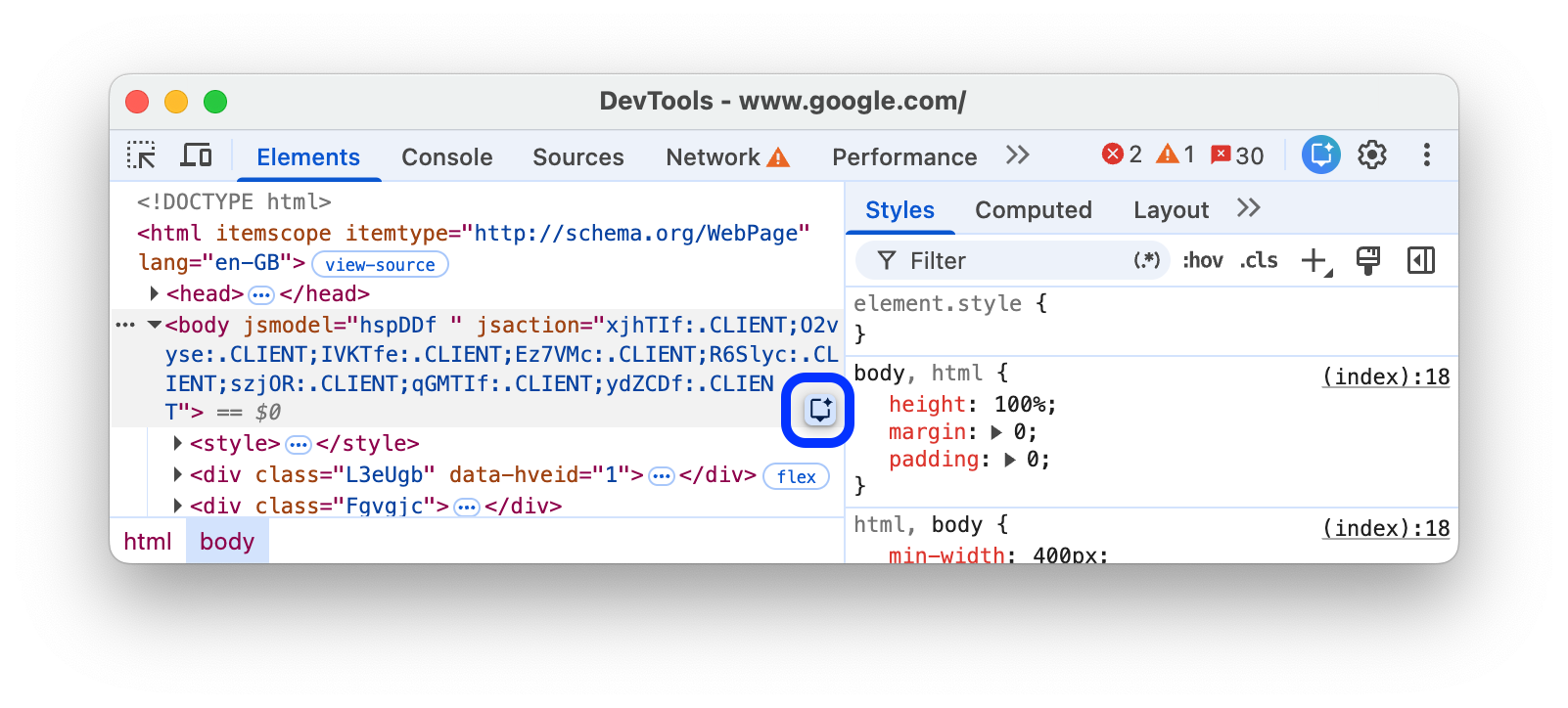 Przycisk „Debuguj za pomocą AI” obok elementu.