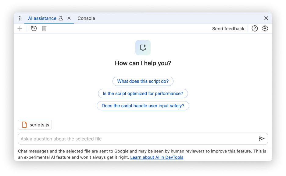 AI アシスタント パネル。プロンプトの例がハイライト表示されています。