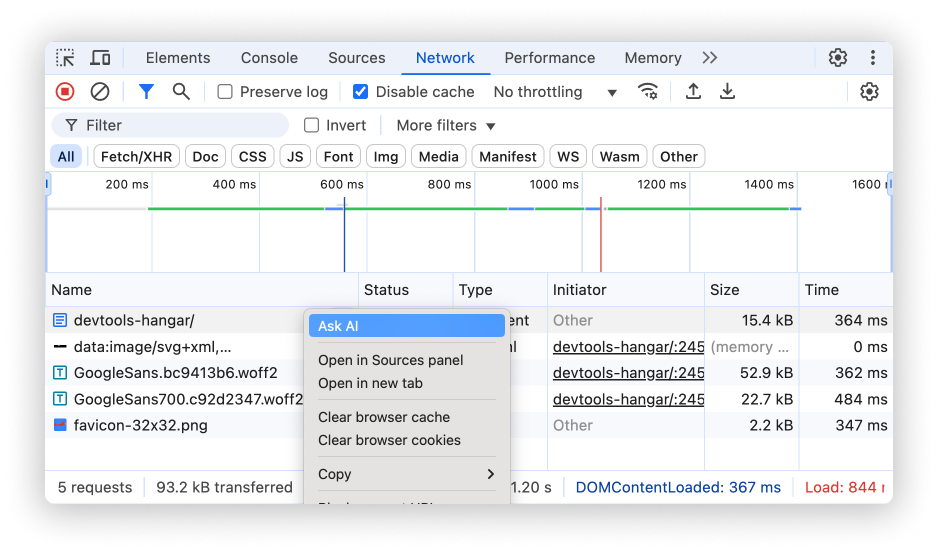 "Yapay zekaya sor" seçeneğinin vurgulandığı istek bağlam menüsü.