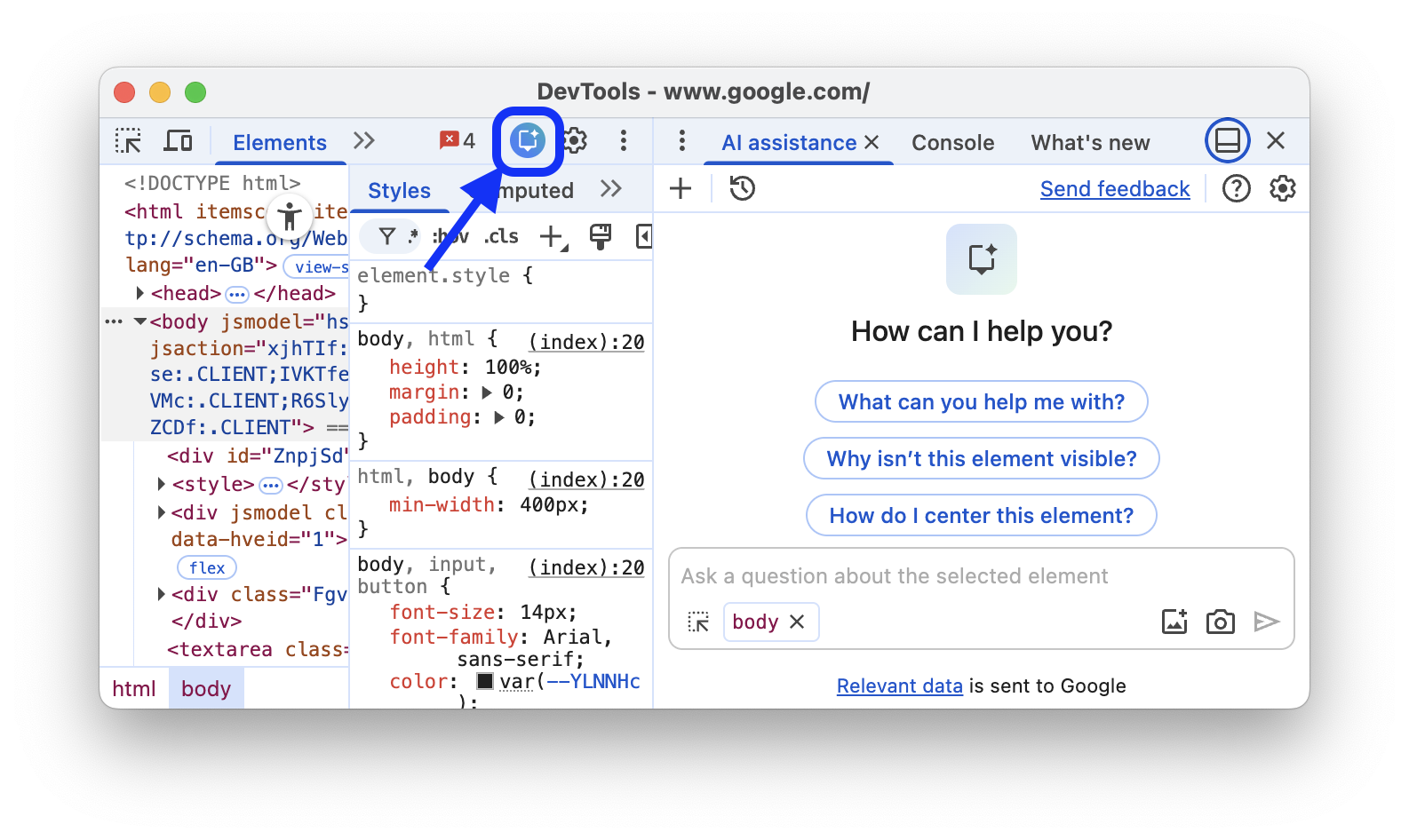 دکمهی دستیار هوش مصنوعی در سمت راست بالای نوار ابزار DevTools.
