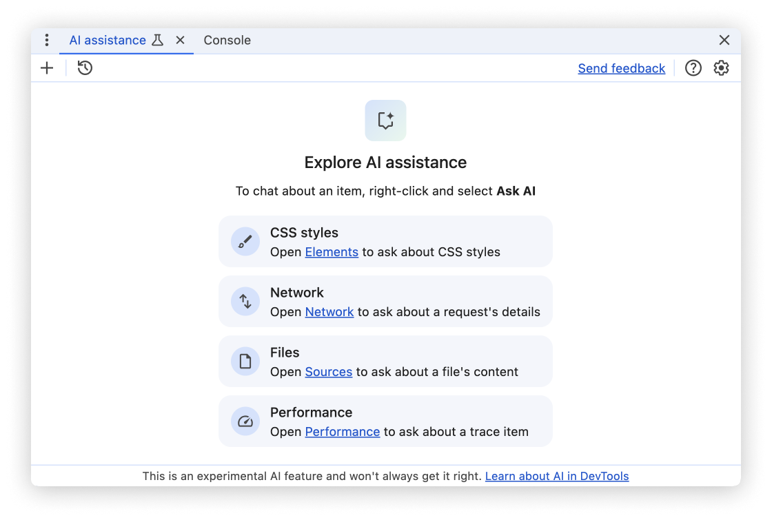 O painel de assistência de IA foi aberto no estado padrão.