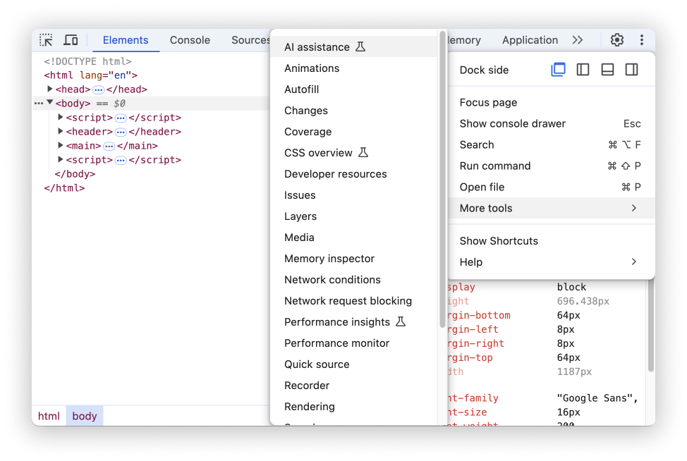 Otworzone menu Więcej narzędzi.