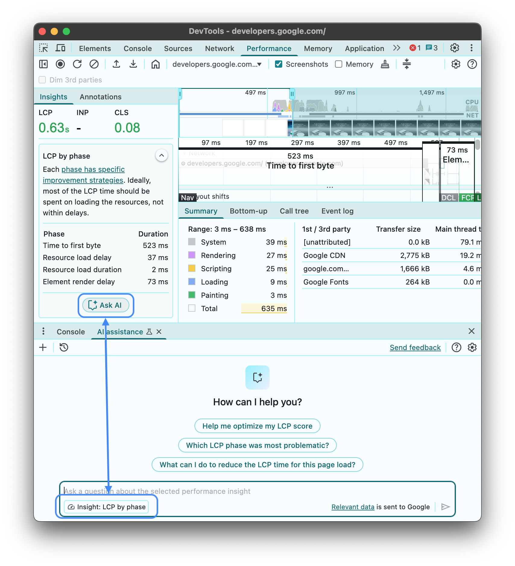 O insight de performance do LCP como contexto de conversa para a Assistência por IA.